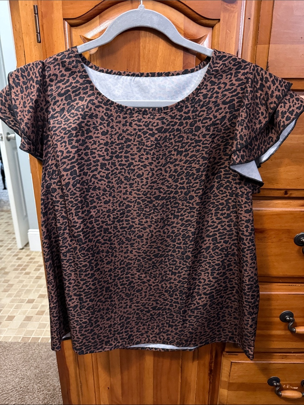 Leopard Print Flutter Sleeve Top - Brown